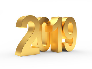 Golden numbers 2019 New Year isolated on white background. 3D illustration