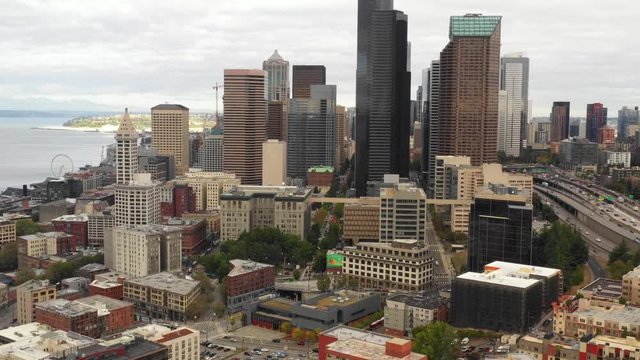 Aerial city approach Seattle 4k 30p