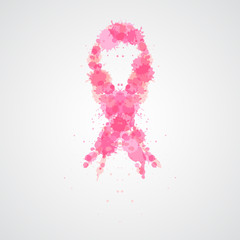 Breast Cancer Awareness Ribbon. Watercolor drops pink ribbon, breast cancer awareness symbol, isolated on white. Vector illustration