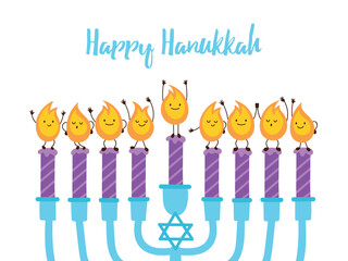 Jewish holiday Hanukkah greeting card design with menorah and cute candle lights