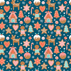 Stoffe zum Nähen Weihnachten Musterdesign Hintergrund mit Lebkuchenhaus und cookies