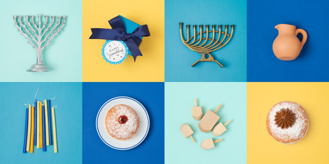 Jewish holiday Hanukkah banner design with menorah, gift box, dreidel and sufganiyot © maglara