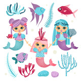 Illustration with a girls. Mermaids in cartoon style