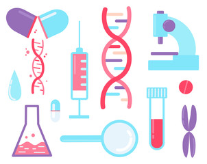 Genome sequencing - medical test. Set of elements dna, syringe, magnifier, microscope and pills