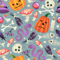 Seamless pattern with skull and decorative elements. Halloween