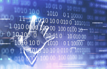 Man hand touching lines of code, vr