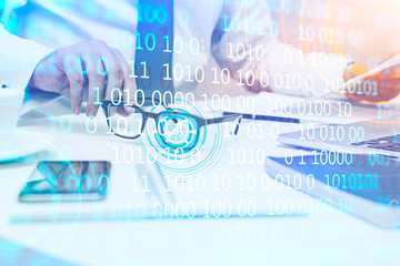 Man in office, code lines double exposure