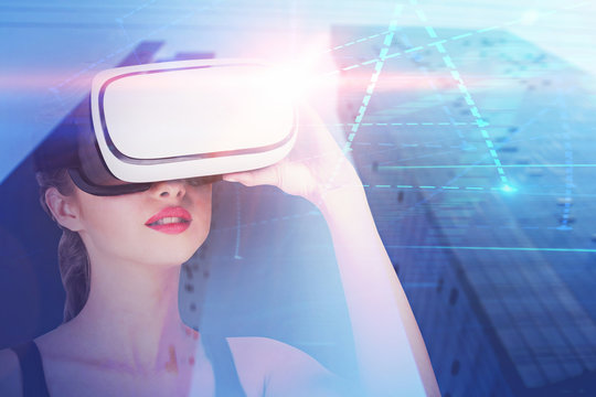 Woman in vr glasses in city, graphs