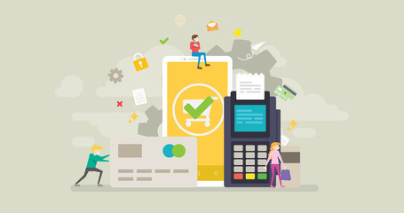 Secure Online Transaction Tiny People Character Concept Vector Illustration, Suitable For Wallpaper, Banner, Background, Card, Book Illustration, Web Landing Page, and Other Related Creative