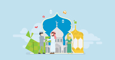 Eid Mubarak Tiny People Character Concept Vector Illustration, Suitable For Wallpaper, Banner, Background, Card, Book Illustration, Web Landing Page, and Other Related Creative
