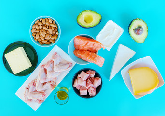 Ketogenic diet food. Low-carb food background, fish, meat, cheese, nuts, oil and butter on a blue background. mockup,  flatlay, flat lay Top view Keto diet concept.