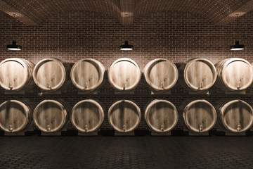 Rows of wine or beer kegs in brick cellar