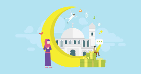 Ramadan Mubarak Tiny People Character Concept Vector Illustration, Suitable For Wallpaper, Banner, Background, Card, Book Illustration, Web Landing Page, and Other Related Creative