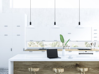 White kitchen interior, white countertops close up