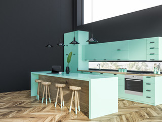 Gray kitchen corner with blue countertops