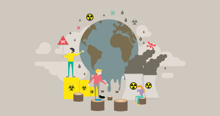 Fototapeta na wymiar Global Warming Pollution Tiny People Character Concept Vector Illustration, Suitable For Wallpaper, Banner, Background, Card, Book Illustration, Web Landing Page, and Other Related Creative
