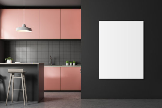 Gray tile kitchen, pink countertops, poster
