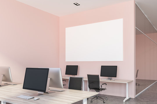 Pink open plan office interior, poster close up