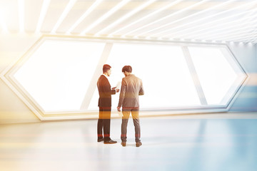 Futuristic white room, hexagonal window, people