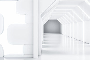 Futuristic empty white lobby, light wall close up