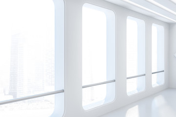 Futuristic empty white room loft windows side view