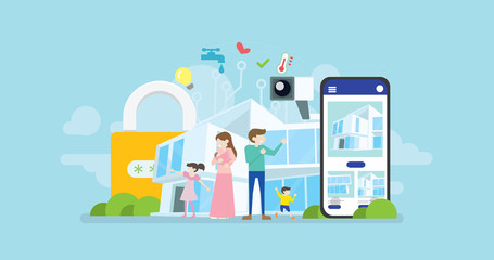 Fototapeta premium Smart Family Home Technology Solution Tiny People Character Concept Vector Illustration, Suitable For Wallpaper, Banner, Background, Card, Book Illustration, And Web Landing Page Concept