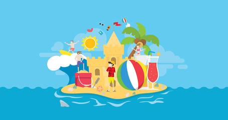 Summer Holiday Beach Party Adventure Tiny People Character Concept Vector Illustration, Suitable For Wallpaper, Banner, Background, Card, Book Illustration, And Web Landing Page