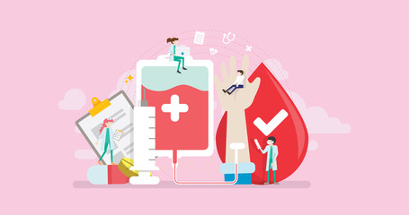 Blood Donor Tiny People Character Concept Vector Illustration, Suitable For Wallpaper, Banner, Background, Card, Book Illustration, And Web Landing Page