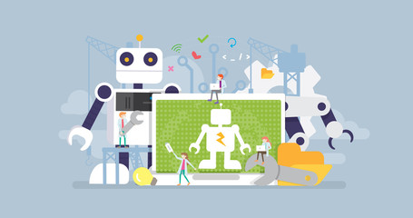 Robot Development Technology Tiny People Character Concept Vector Illustration, Suitable For Wallpaper, Banner, Background, Card, Book Illustration, And Web Landing Page