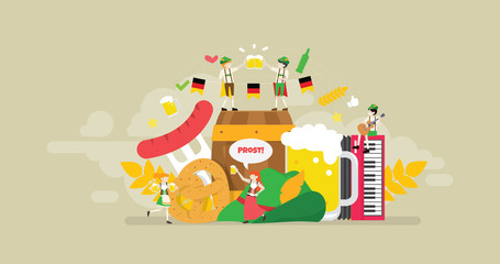 Oktoberfest Celebration Party Tiny People Character Concept Vector Illustration, Suitable For Wallpaper, Banner, Background, Card, Book Illustration, And Web Landing Page