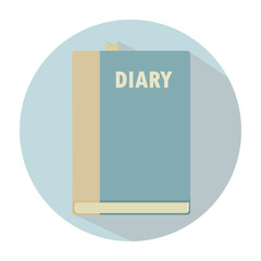 Light blue book in a flat style with a shadow and a white round frame. Diary