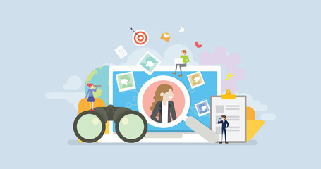 Human Resource Talent Headhunting Recruitment Tiny People Character Concept Vector Illustration, Suitable For Wallpaper, Banner, Background, Card, Book Illustration, And Web Landing Page