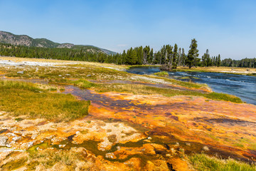 River bank near hot springs with yellow edges, Yellowstone National Park, USA