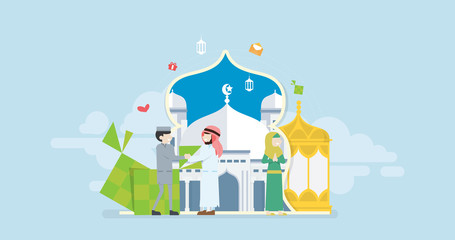 Eid Mubarak Tiny People Character Concept Vector Illustration, Suitable For Wallpaper, Banner, Background, Card, Book Illustration, Web Landing Page, and Other Related Creative