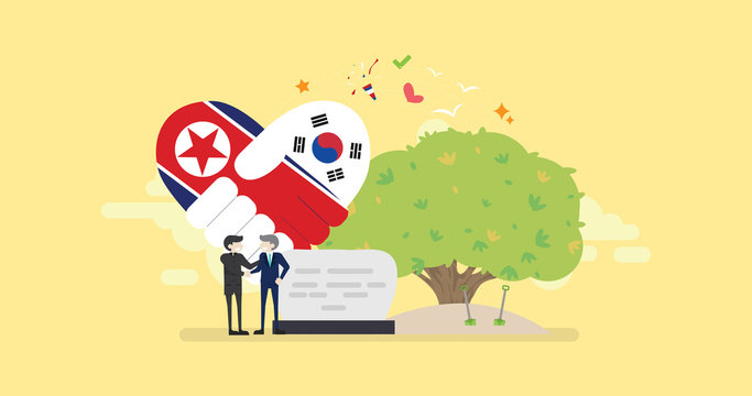 North Korea And South Korea Peace Diplomacy Tiny People Character Concept Vector Illustration, Suitable For Wallpaper, Banner, Background, Card, Book Illustration, Web Landing Page, and Others