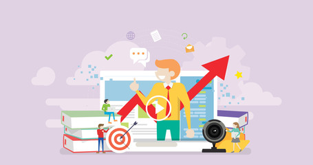 Online Webinar Tiny People Character Concept Vector Illustration, Suitable For Wallpaper, Banner, Background, Card, Book Illustration, And Web Landing Page