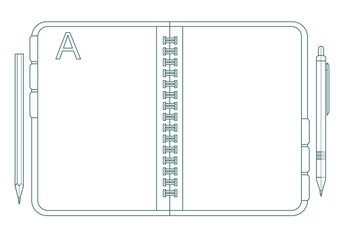 Notebook, pencil and pen. Stock flat vector illustration