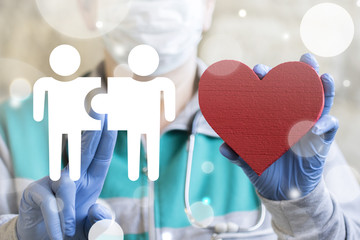 Physician female clicks a two people with puzzle button and offers a red heart. Compatibility...
