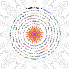 Archimedean spiral calendar for 2019 year. with round mandala floral pattern. Vintage style template for your design