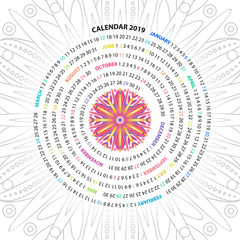 Archimedean spiral calendar for 2019 year. with round mandala floral pattern. Vintage style template for your design