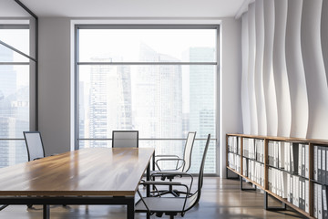Wave pattern conference room interior, front view