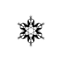 Snowflake sign. Silhouette design black snowflake on white background. Symbol of Christmas holiday season. Monochrome template for prints, card. Isolated graphic element. Flat vector illustration