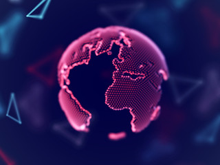 Global network concept: digital planet Earth with connection lines. Visualization of digital business technology. Planet in cyber space. World globalization. Soft blur, eps 10 vector illustration.