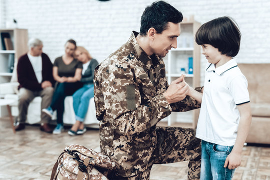 A Man Goes To Military Service. Family Goodbye.