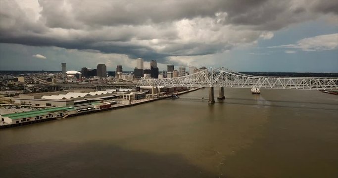 New Orleans Aerial View Over the Highway Bridge Deck and Mississippi River