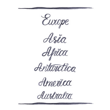 Set of hand-drawn names of the continents