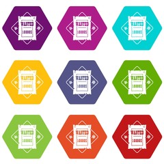 Wanted icons 9 set coloful isolated on white for web