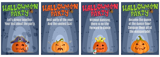 a selection of bright posters for a Halloween party with evil