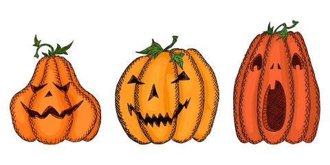bright sketch with pumpkins with carved faces