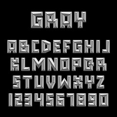 Set of gray letters and numbers. Vector graphic alphabet symbols in geometric style.